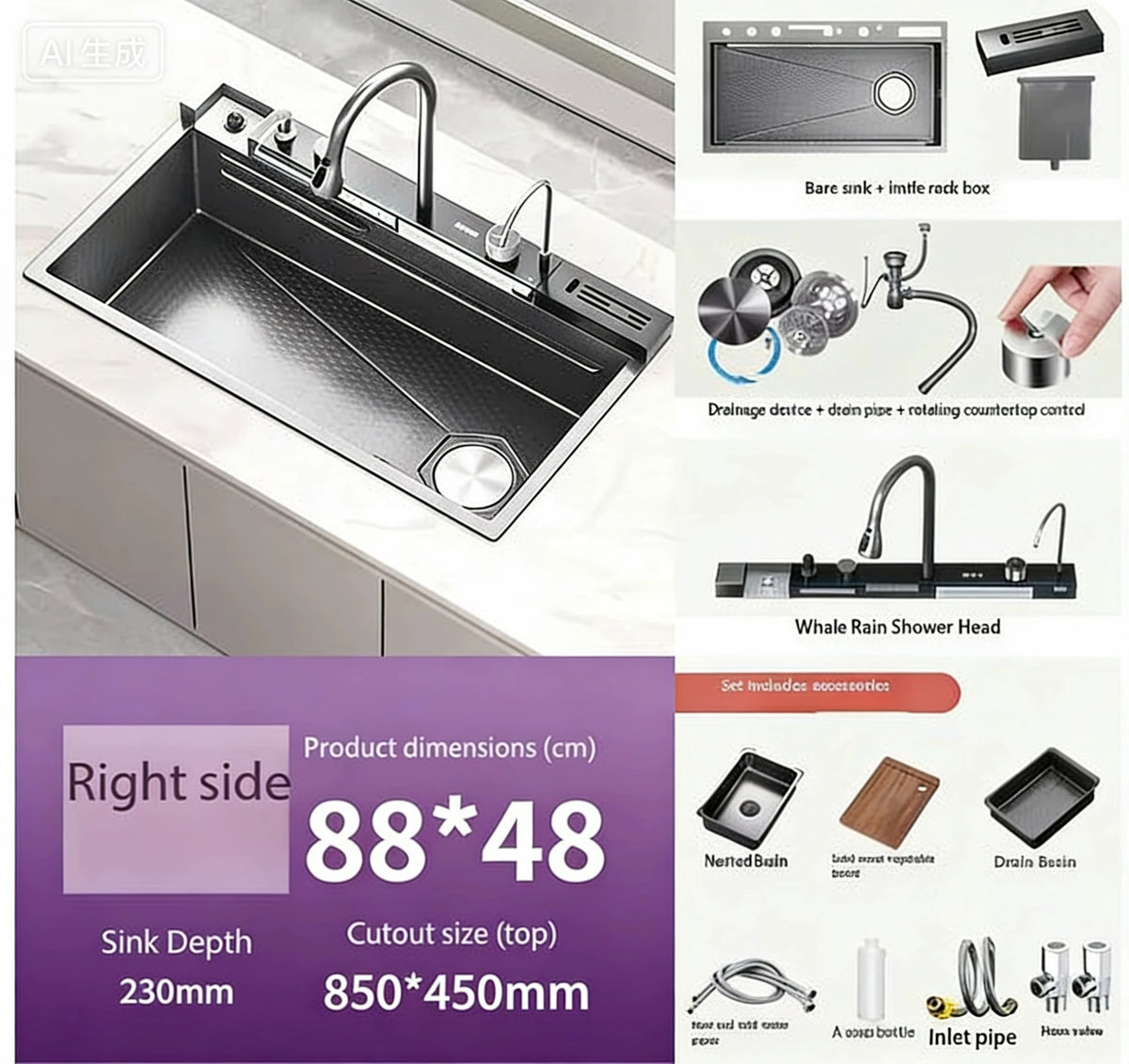 0mm Double Waterfall Sink Embossed Stainless Steel Sink
