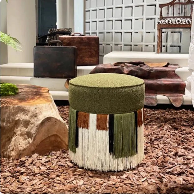 Designer Vintage Tassel Accent Stool Mid-Century Velvet Vanity