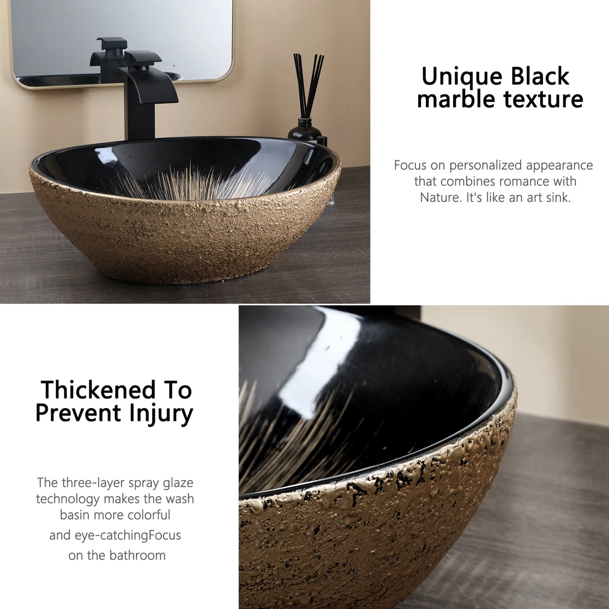Kemaidi Oval Vessel Sink Faucet White Marbling Bathroom