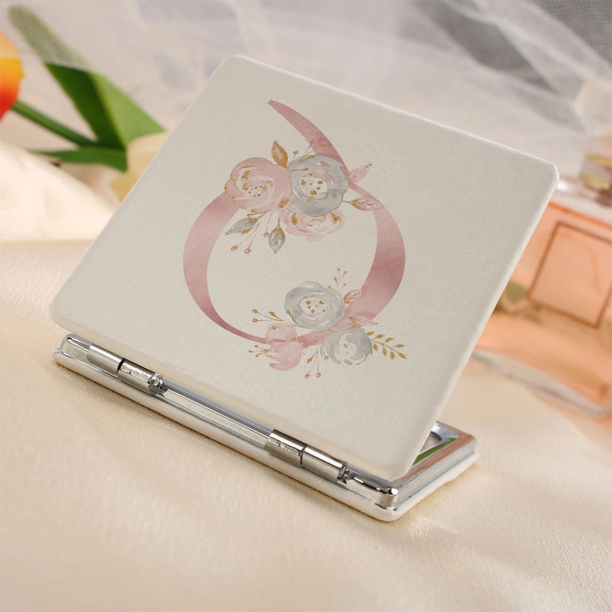 Personalized Floral First Letter White Square Double-Sided Makeup