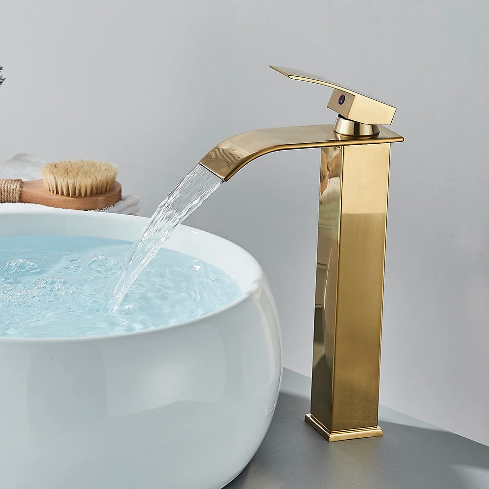 Brushed Golden Basin Faucets Elegant Waterfall Bathroom Sink