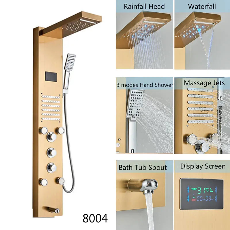 Led Shower Panel Waterfall Rain Temperature Digital Display