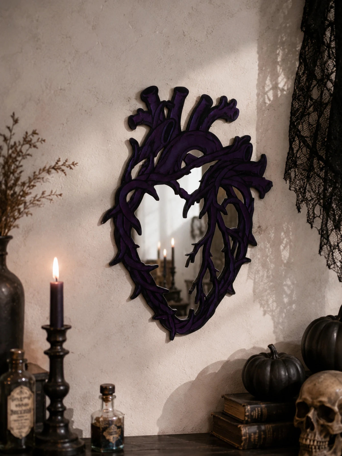 Purple Gothic Barbed Wire Heart Wall Mirror Witchy