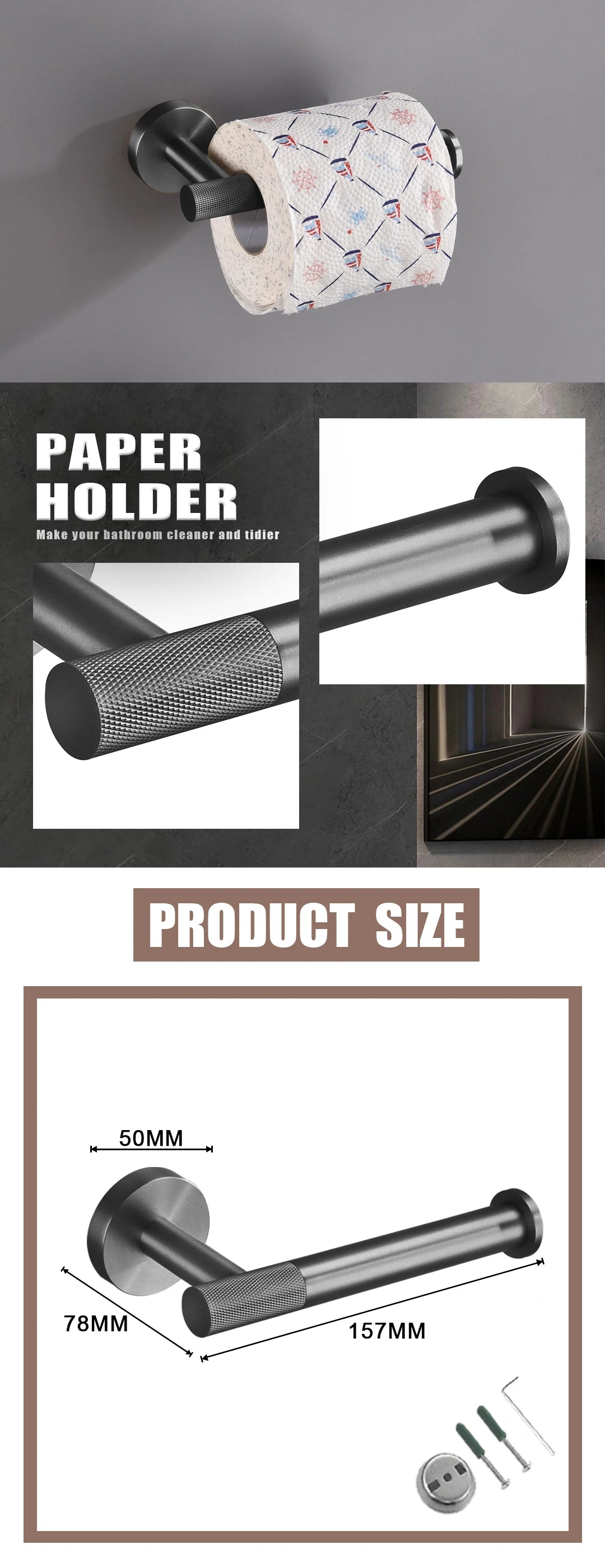 Grey Bathroom Hardware Kit Stainless Steel Round Wall