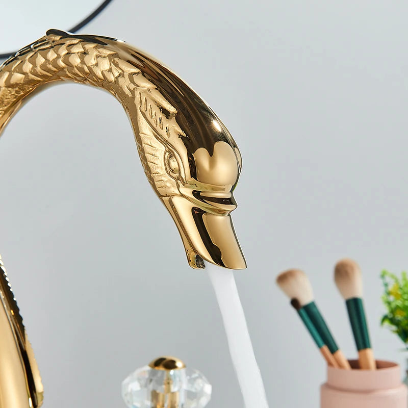 Golden Swan Shape Bathroom Faucet Basin Faucet Tap