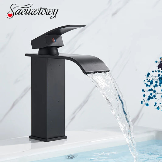 Handle Waterfall Matte Black Bathroom Basin Faucet Waterfall