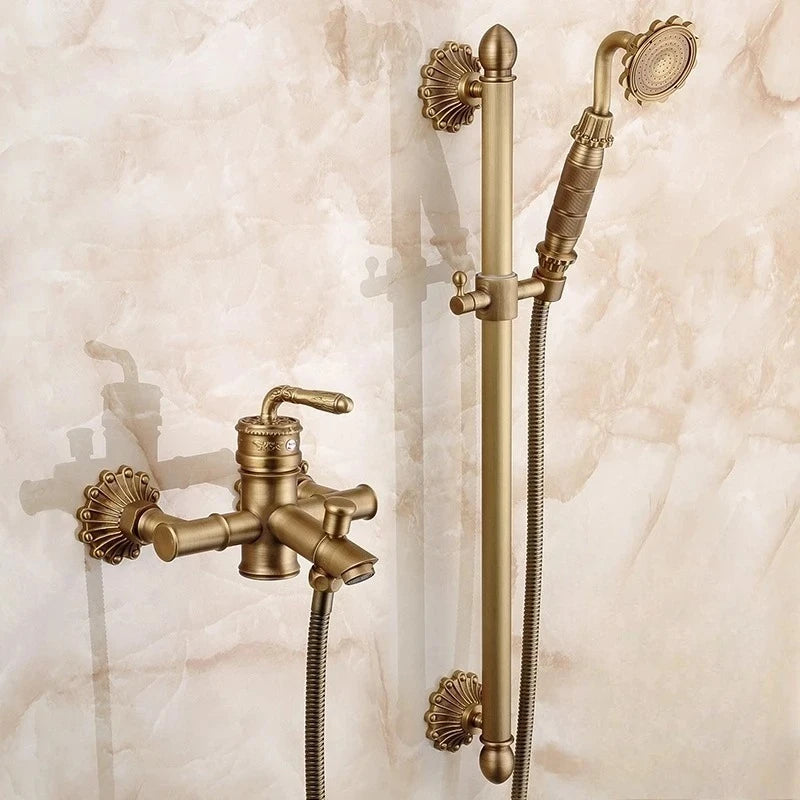 Antique Brass Bathtub Shower Faucets Wall Mounted Bath