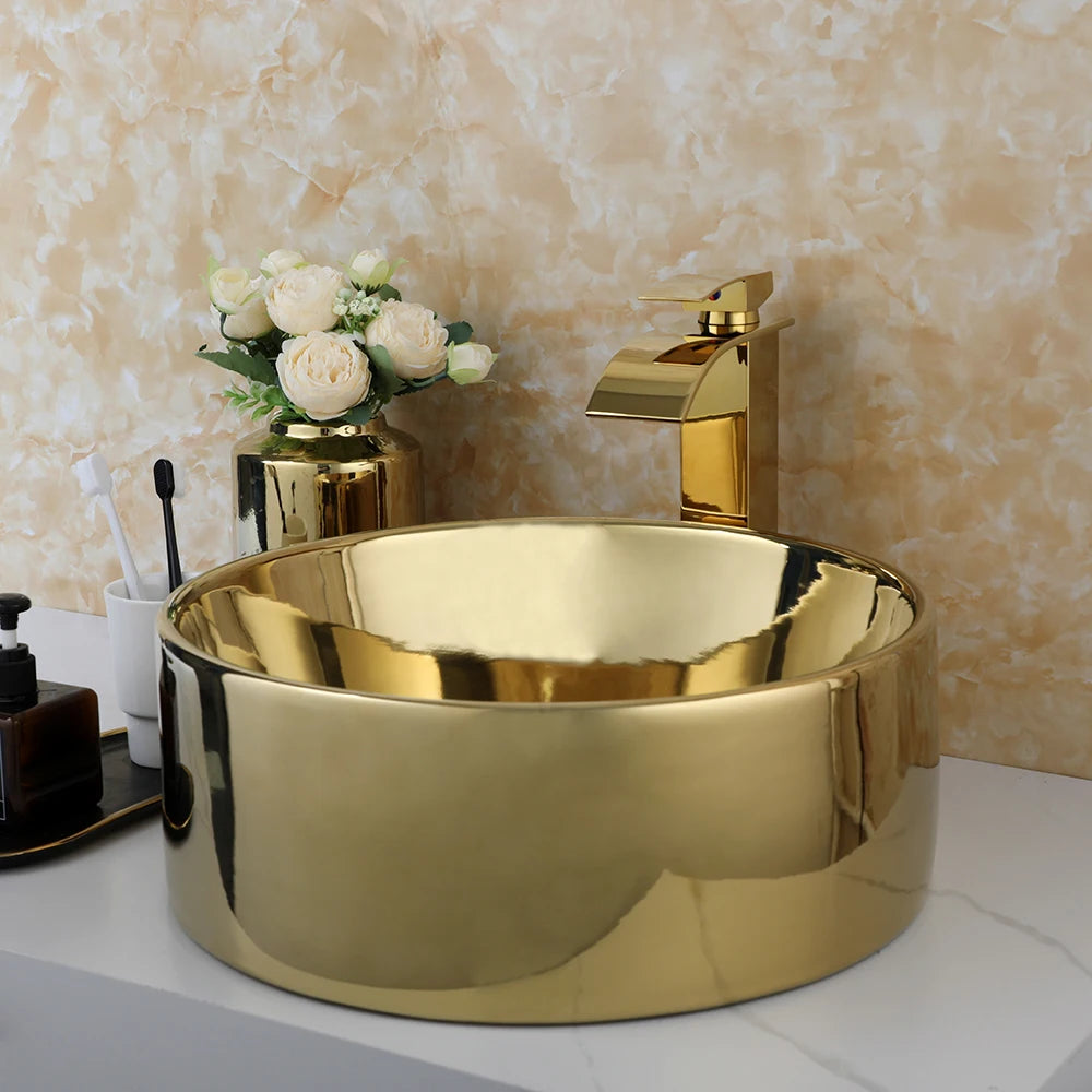 Kemaidi 14 Gold Round Vessel Sink Faucet Ceramic