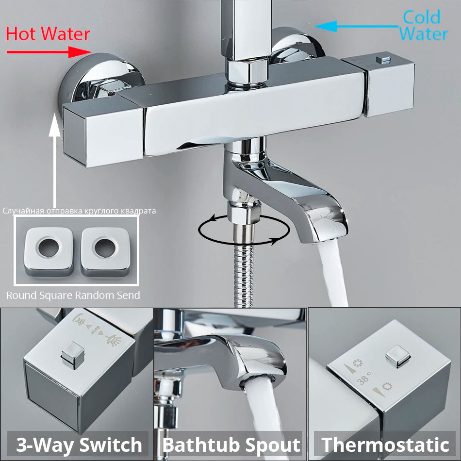 Bathroom Thermostatic Shower Faucet Rainfall Head Wall Mounted