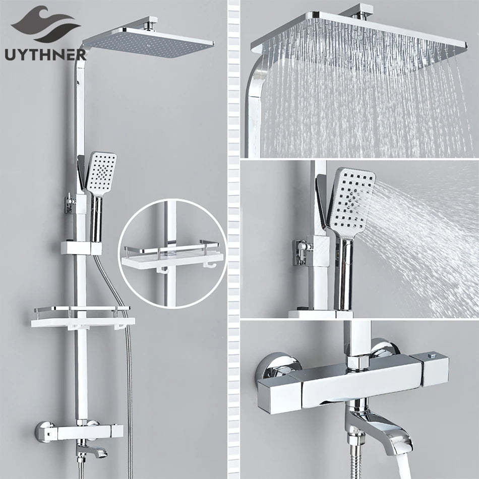 Bathroom Thermostatic Shower Faucet Rainfall Head Wall Mounted