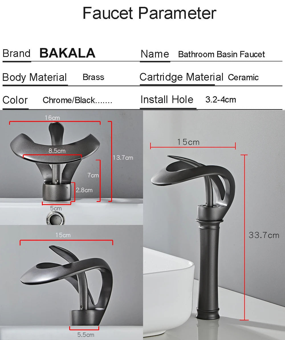 Black Bathroom Basin Taps Handle Waterfall Faucet Solid