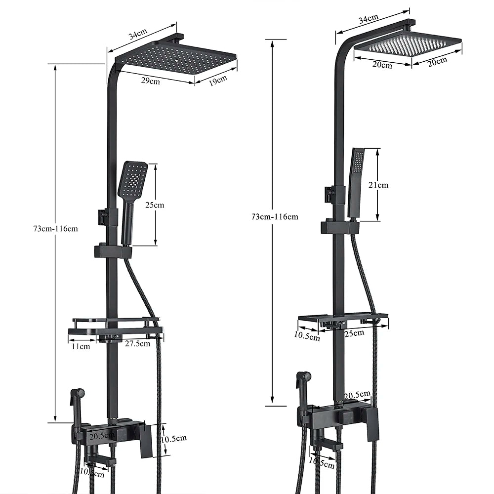 Black/Chrome Brass Shower Faucets Rainfall Shower Shelf Cold