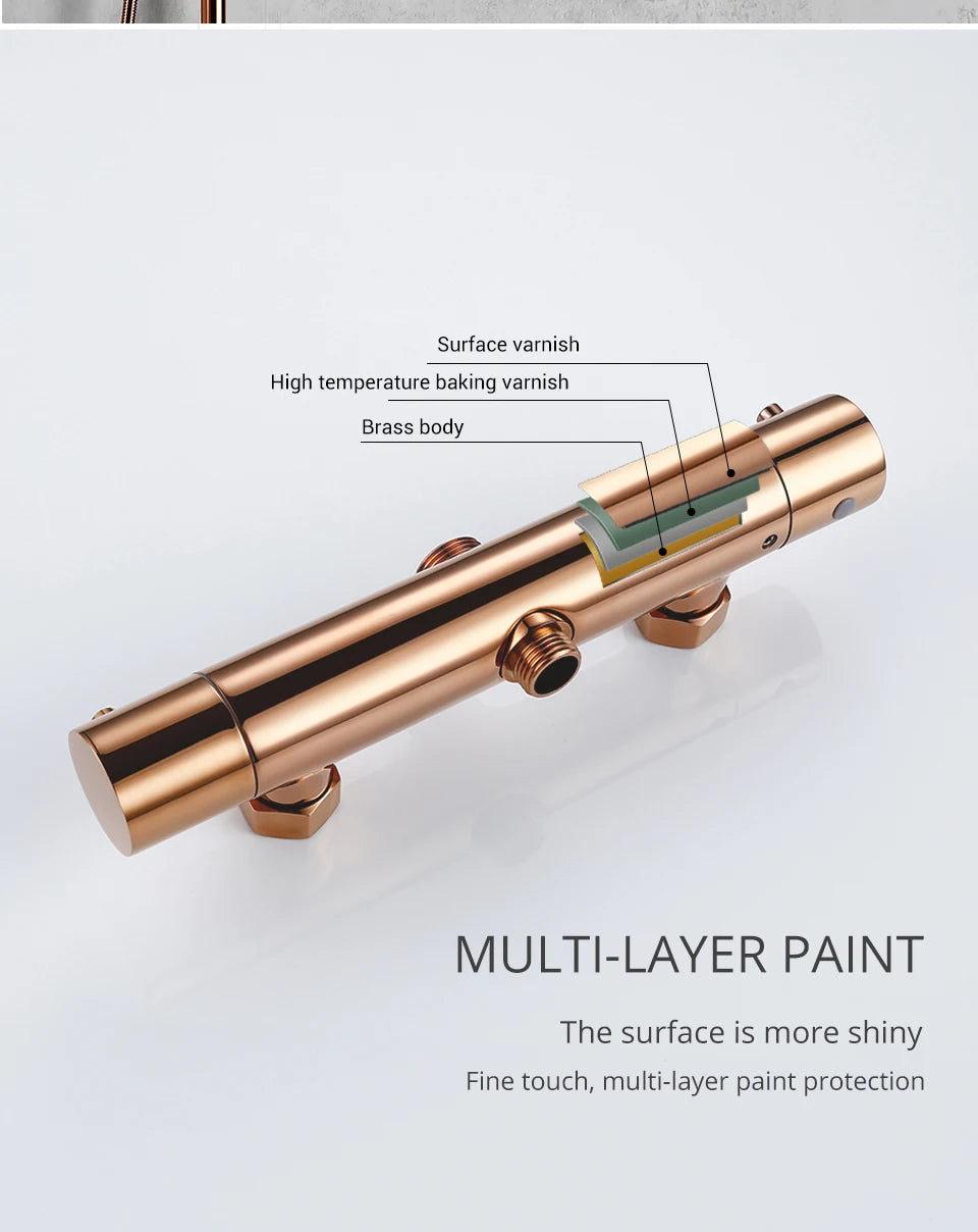 Rose Gold Thermostatic Shower Falcet Sets Wall Mount