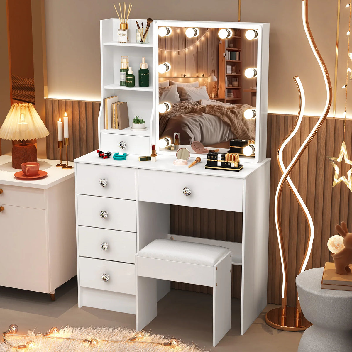 Teousev White Led Makeup Vanity Sliding Mirror 3-Color