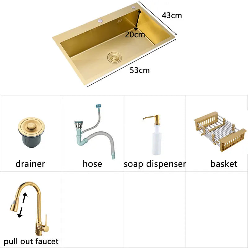 Gold Kitchens Sink Nano Handmade 304 Stainless Steel