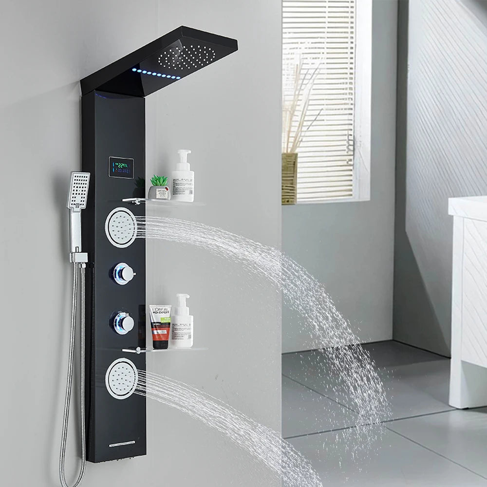 Brushed Nickel Bathroom Led Rainfall Shower Faucet Digital