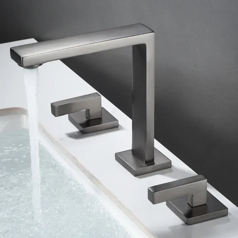 Brushed Gold Basin Faucet Solid Brass Three Hole