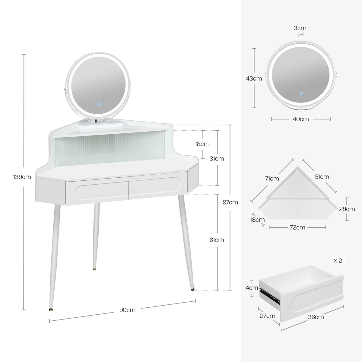 Woltu White Dresser Vanity Corner Dressing Table Mirror