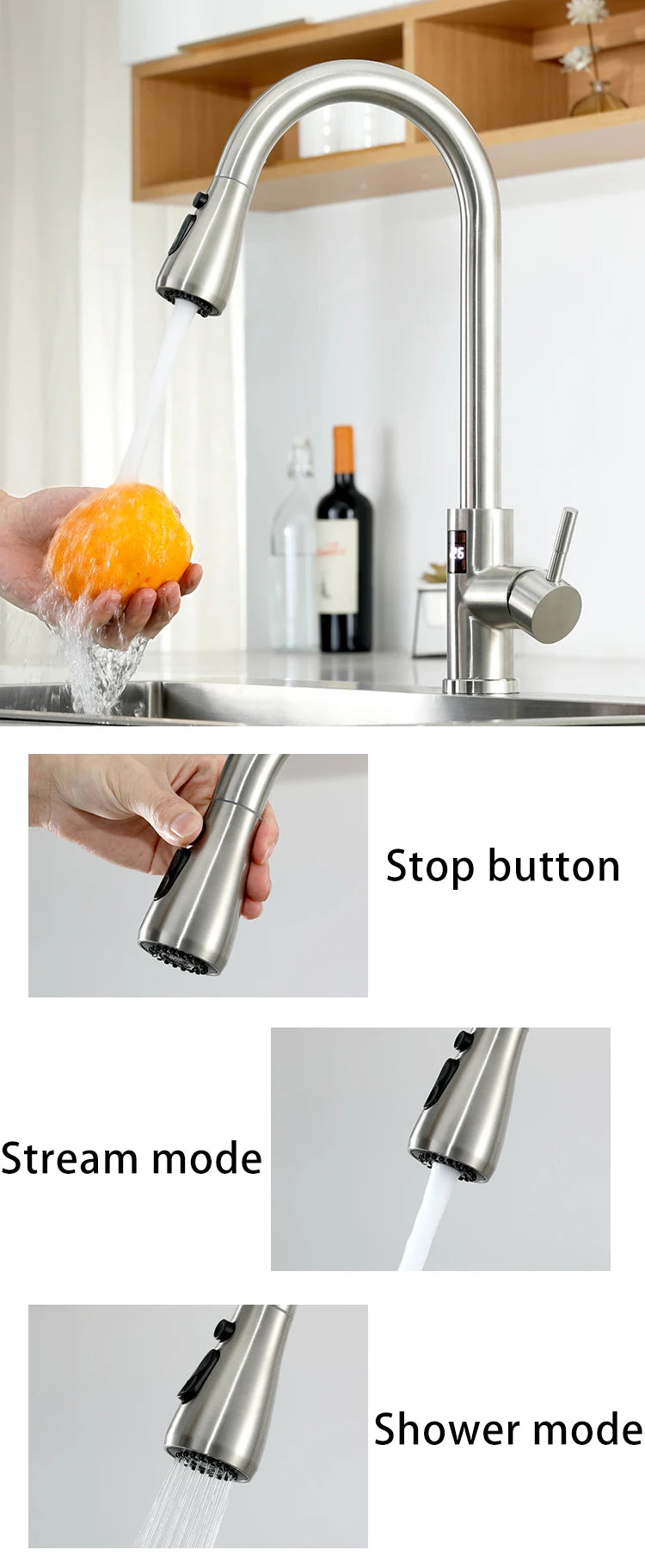 Sensor Touch Digital Sink Faucet Pull Down Sprayer