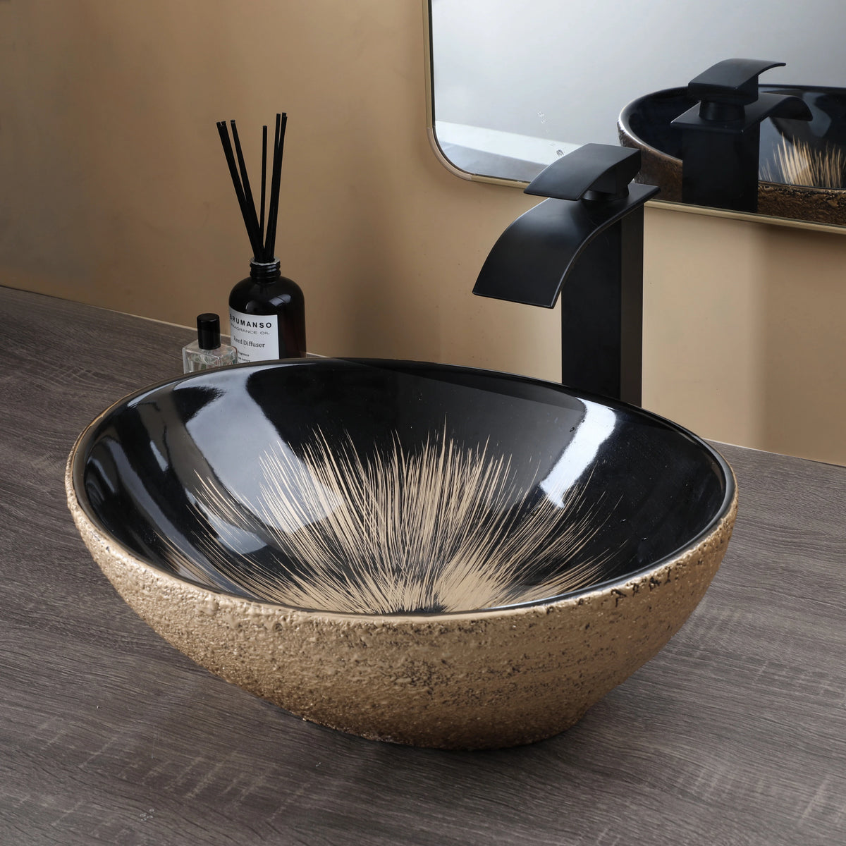 Kemaidi Oval Vessel Sink Faucet White Marbling Bathroom
