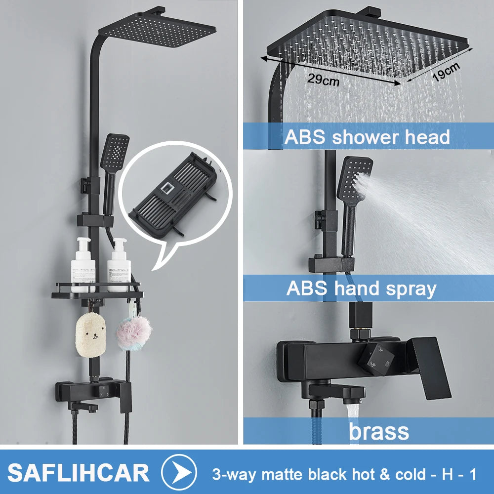 Black/Chrome Brass Shower Faucets Rainfall Shower Shelf Cold