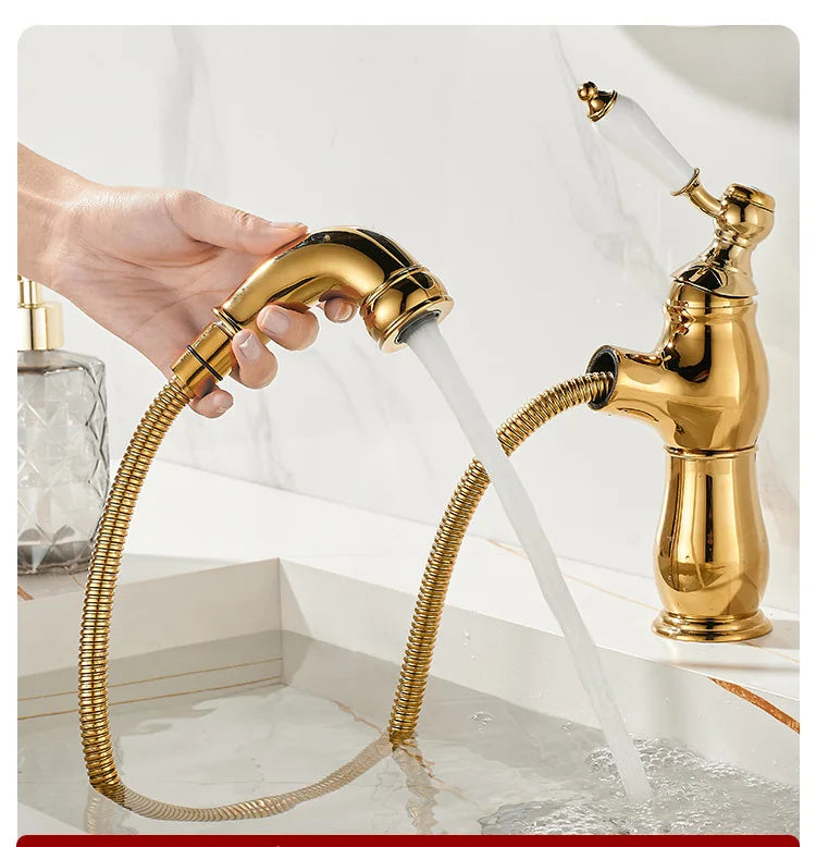 Gold Bathroom Ceramic Handle Basin Faucets Pull Out