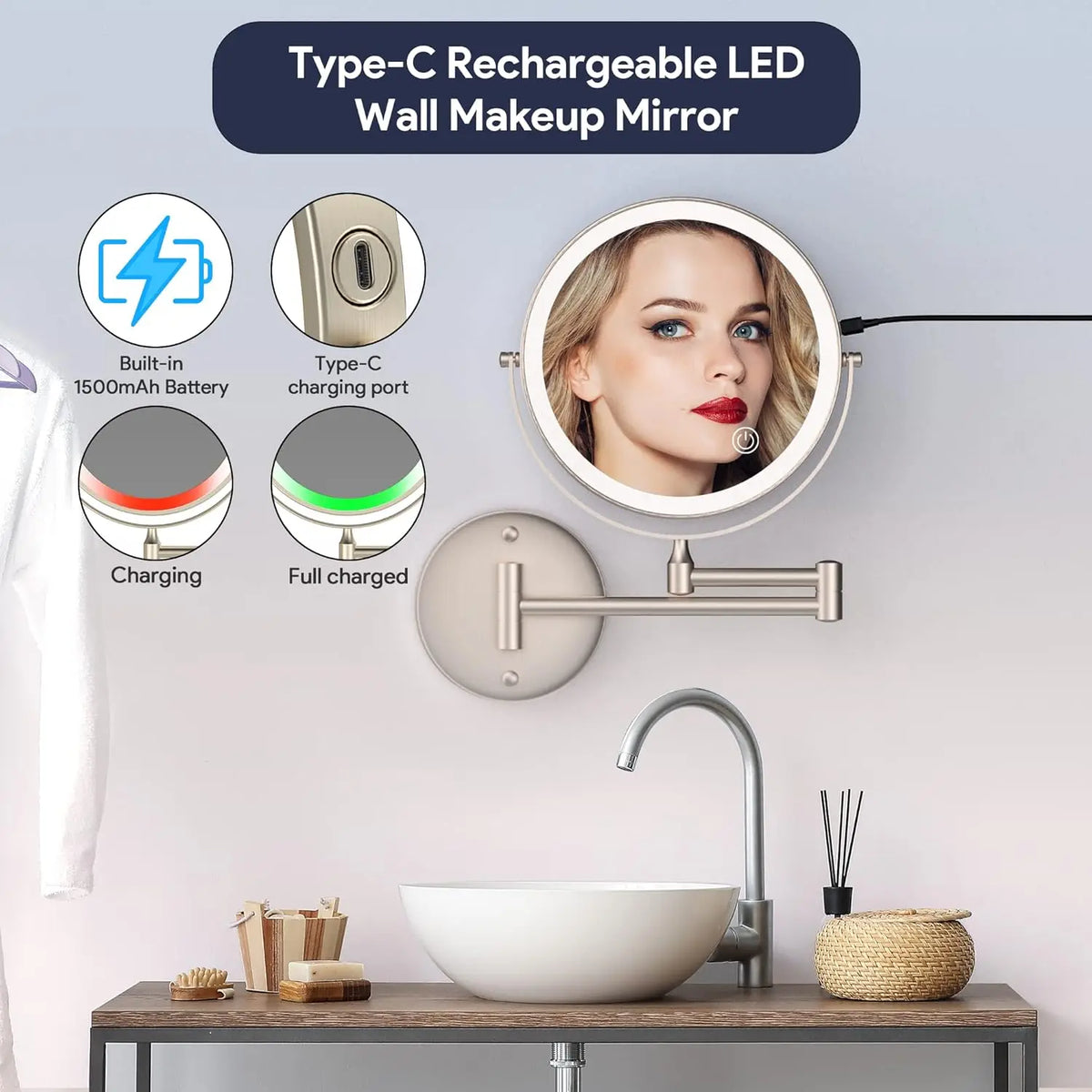 Brushed Nickel Touch Led Folding Bathroom Mirror 10x