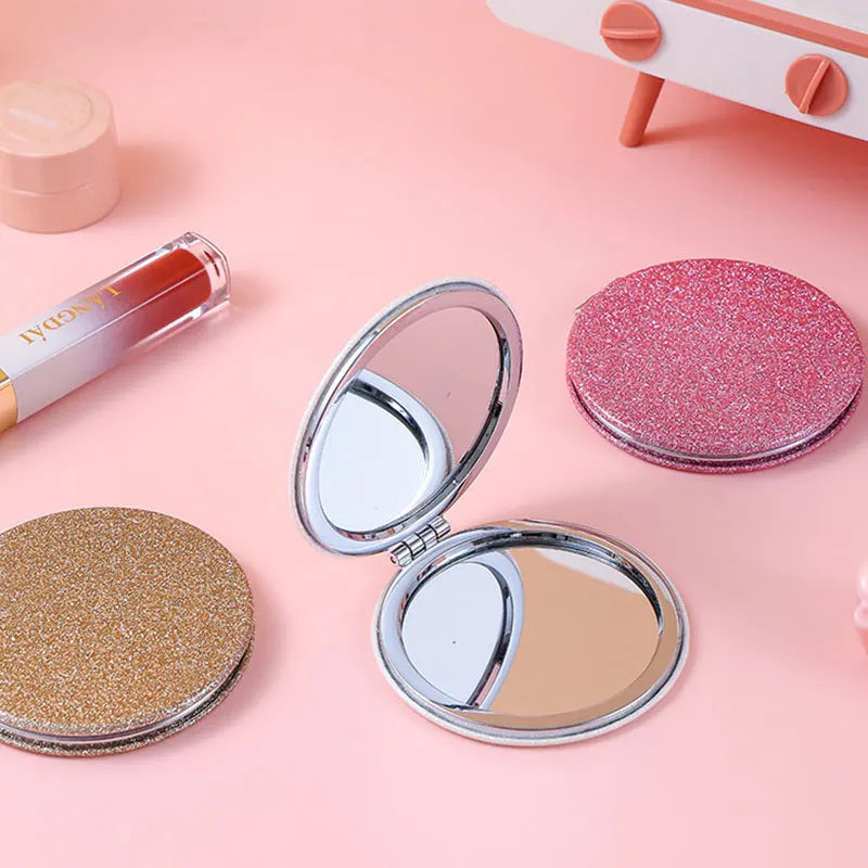Glitter Round Folding Makeup Mirror Double Sided Pocket