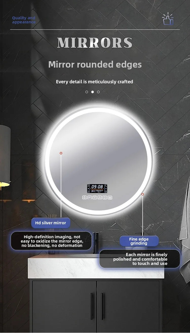 Round Smart Bathroom Mirror Wall-Mounted Led Light Touch