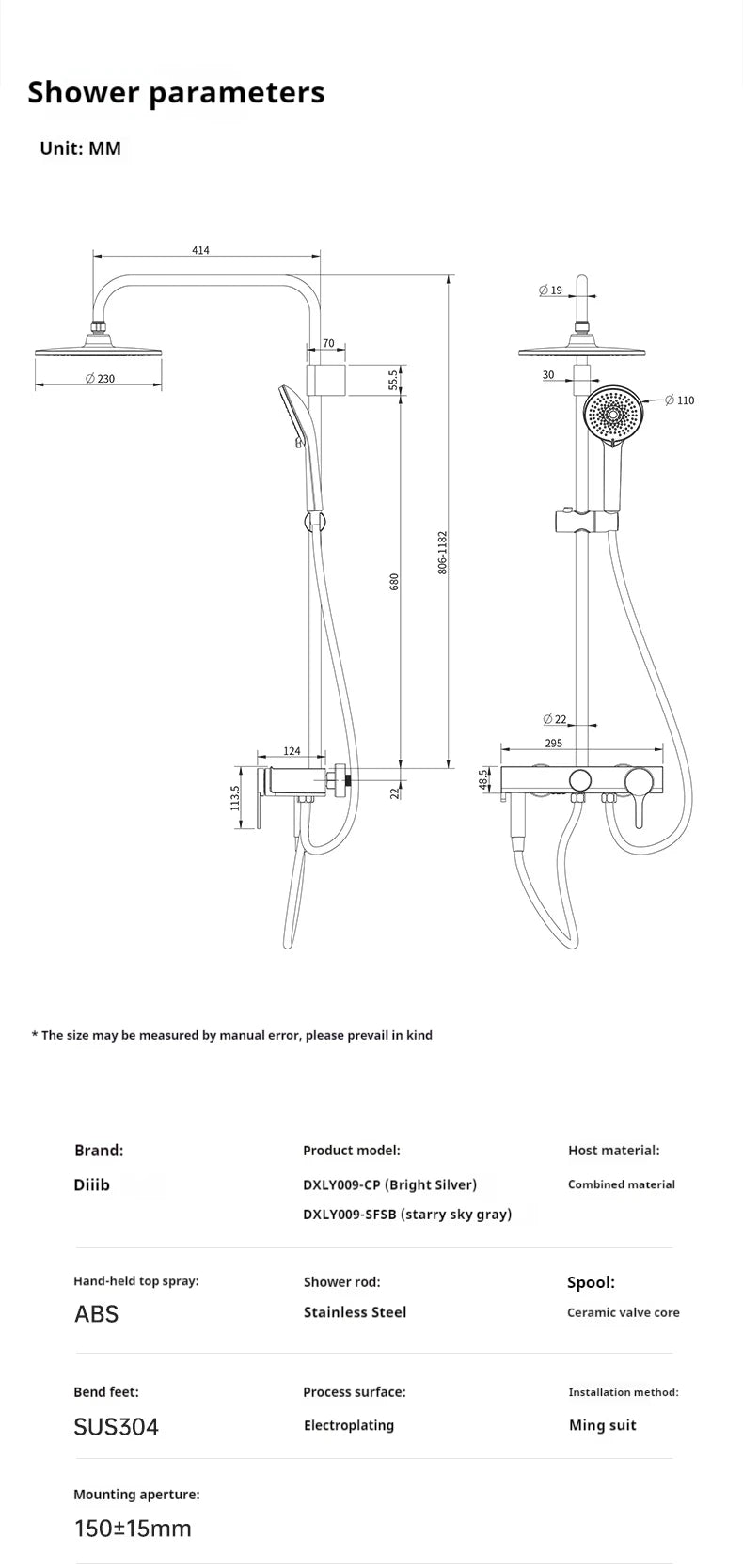 Diiib Large Panel Rain Shower Stainless Steel Combination
