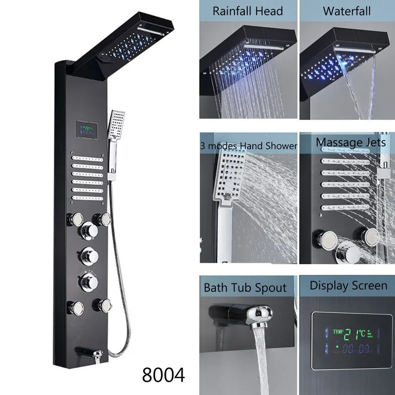 Led Shower Panel Waterfall Rain Temperature Digital Display