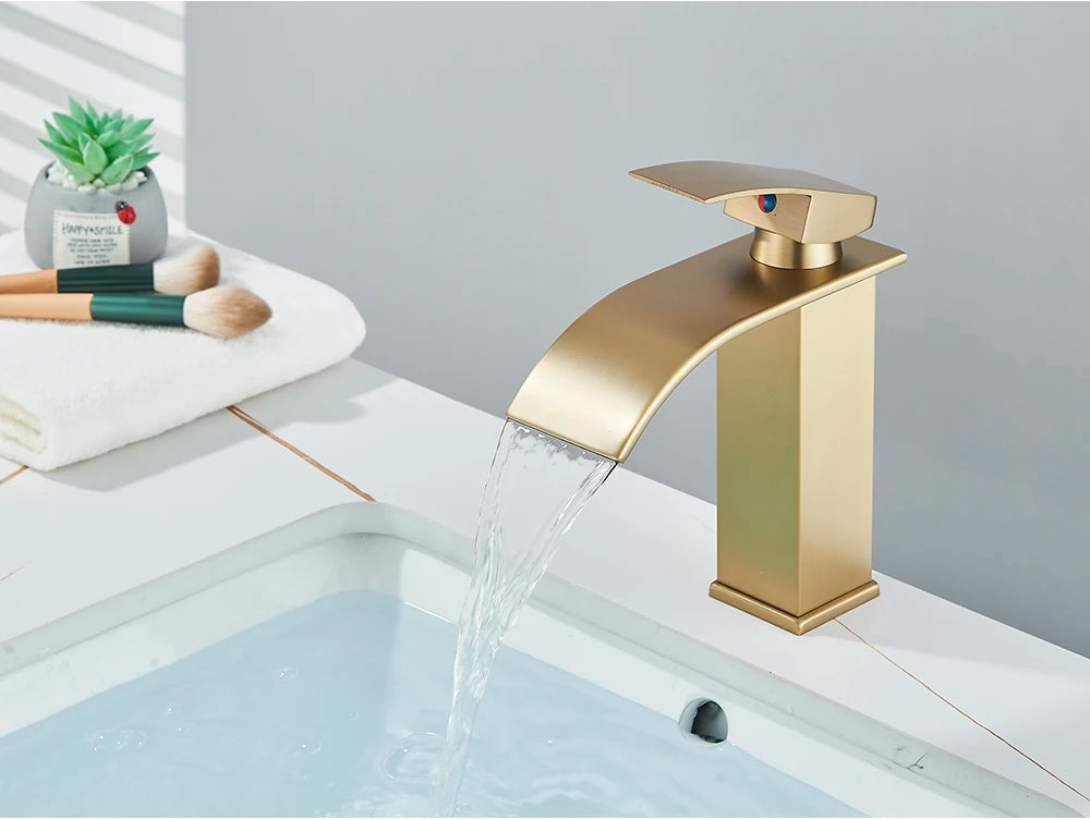 Brushed Golden Basin Faucets Elegant Waterfall Bathroom Sink
