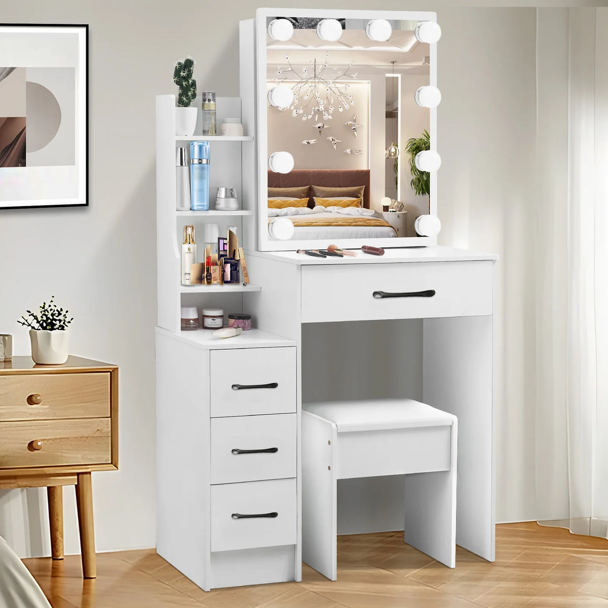 Dressing Table Mirror Led Light Storage Stool Lighting