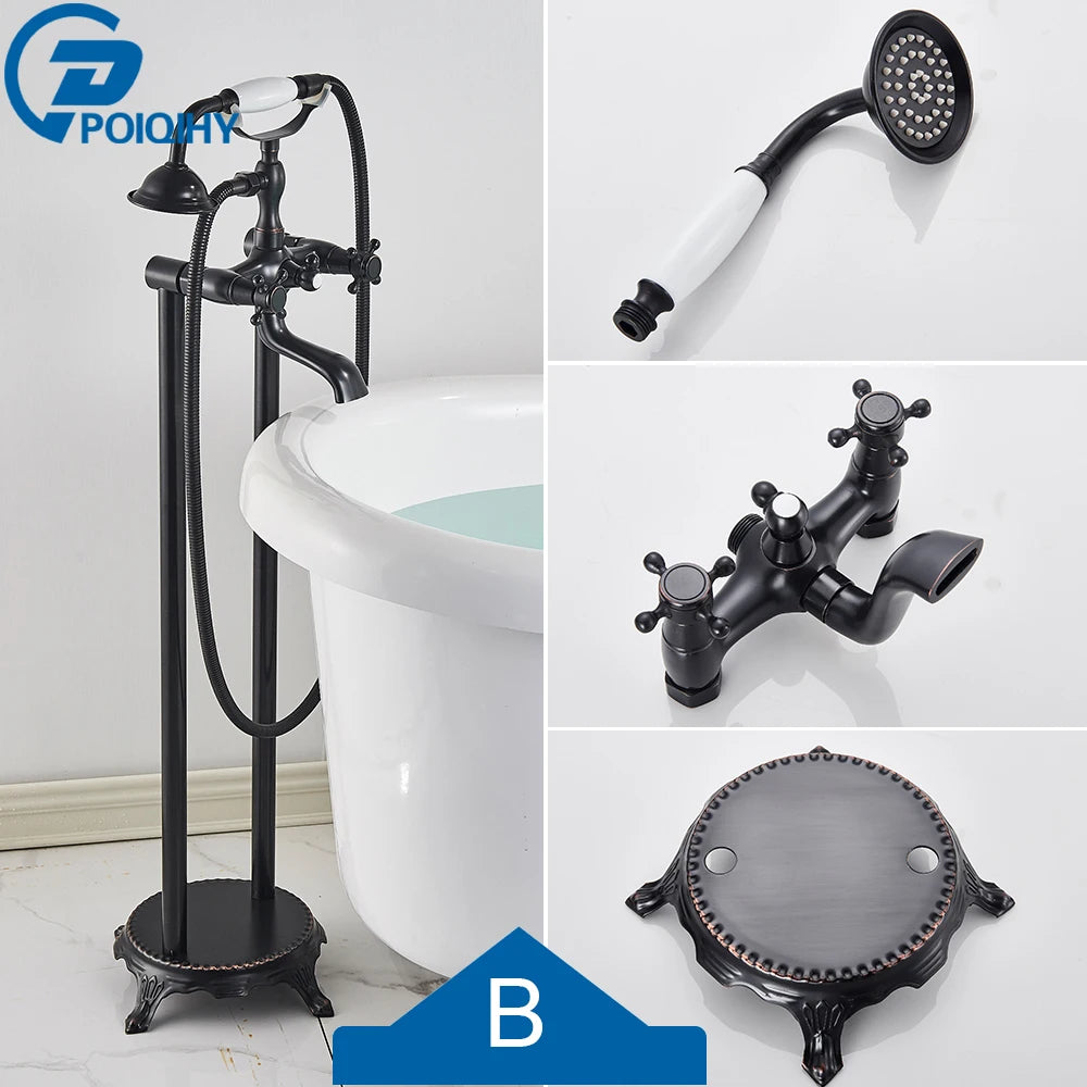 Antique Brass Floor Mounted Bathtub Shower Faucet Dual