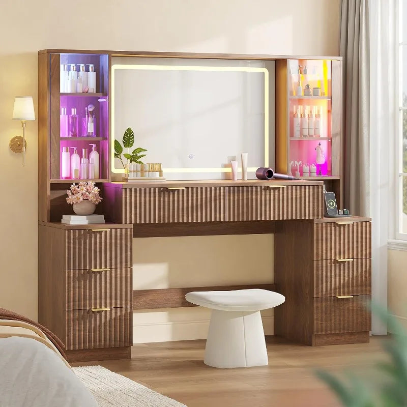 Hauoms Big Vanity Fluted Wood Makeup Vanity Desk