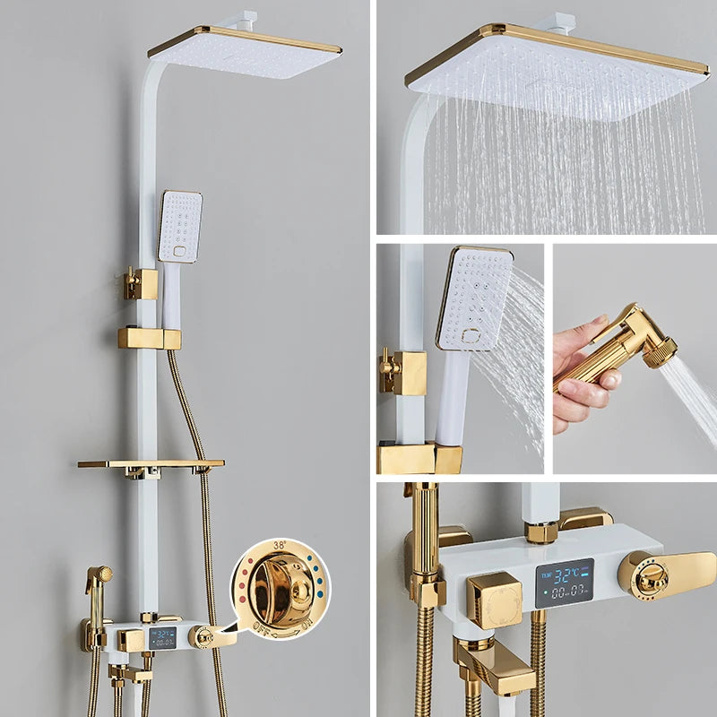Black Digital Display Thermostatic Shower Faucets Rainfall Shower