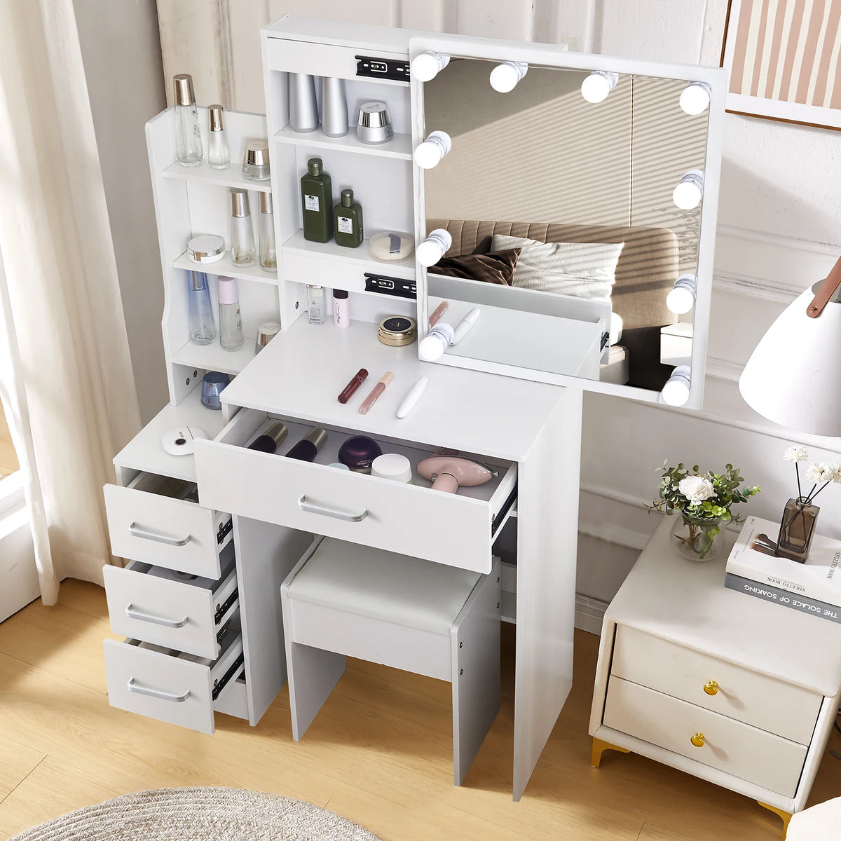 Led Vanity Table Sliding Mirror White Makeup Desk