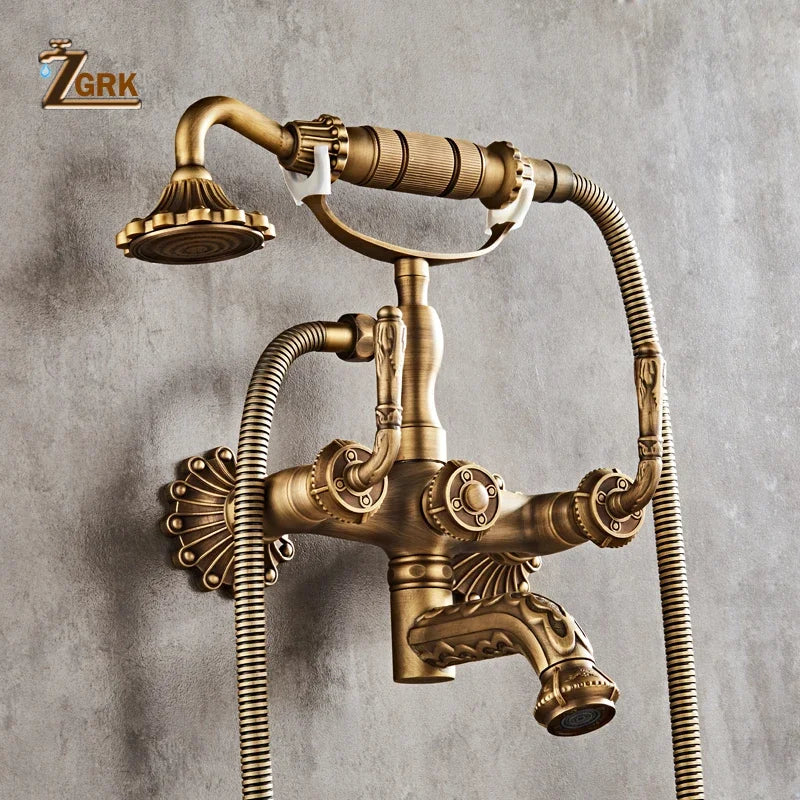 Antique Brass Bathtub Shower Faucets Wall Mounted Bath