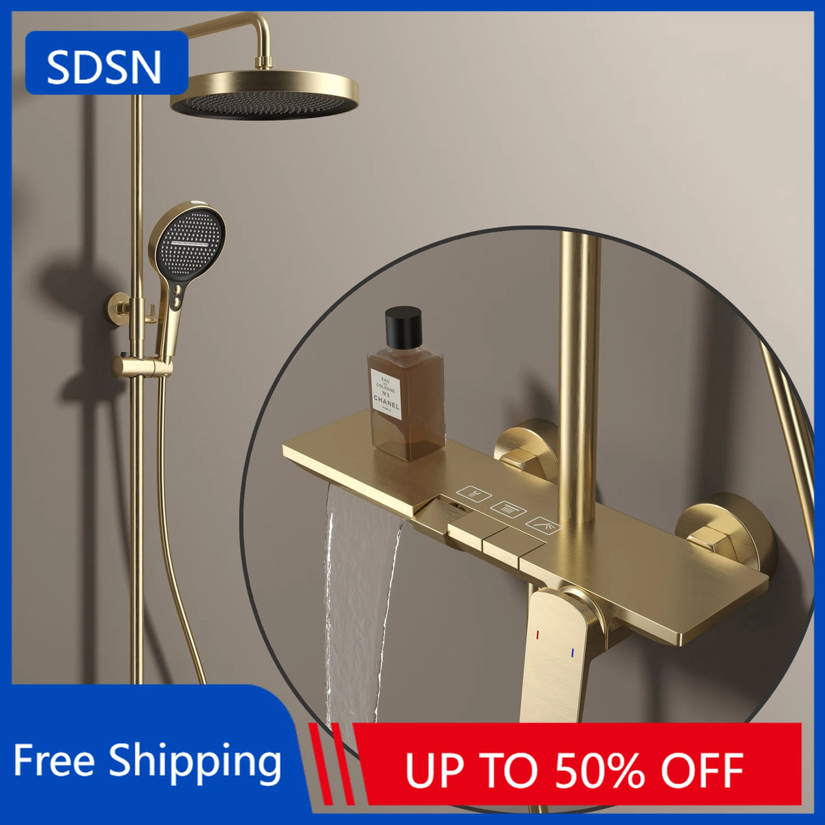 Brushed Gold Piano Bathroom Shower System Faucet 12