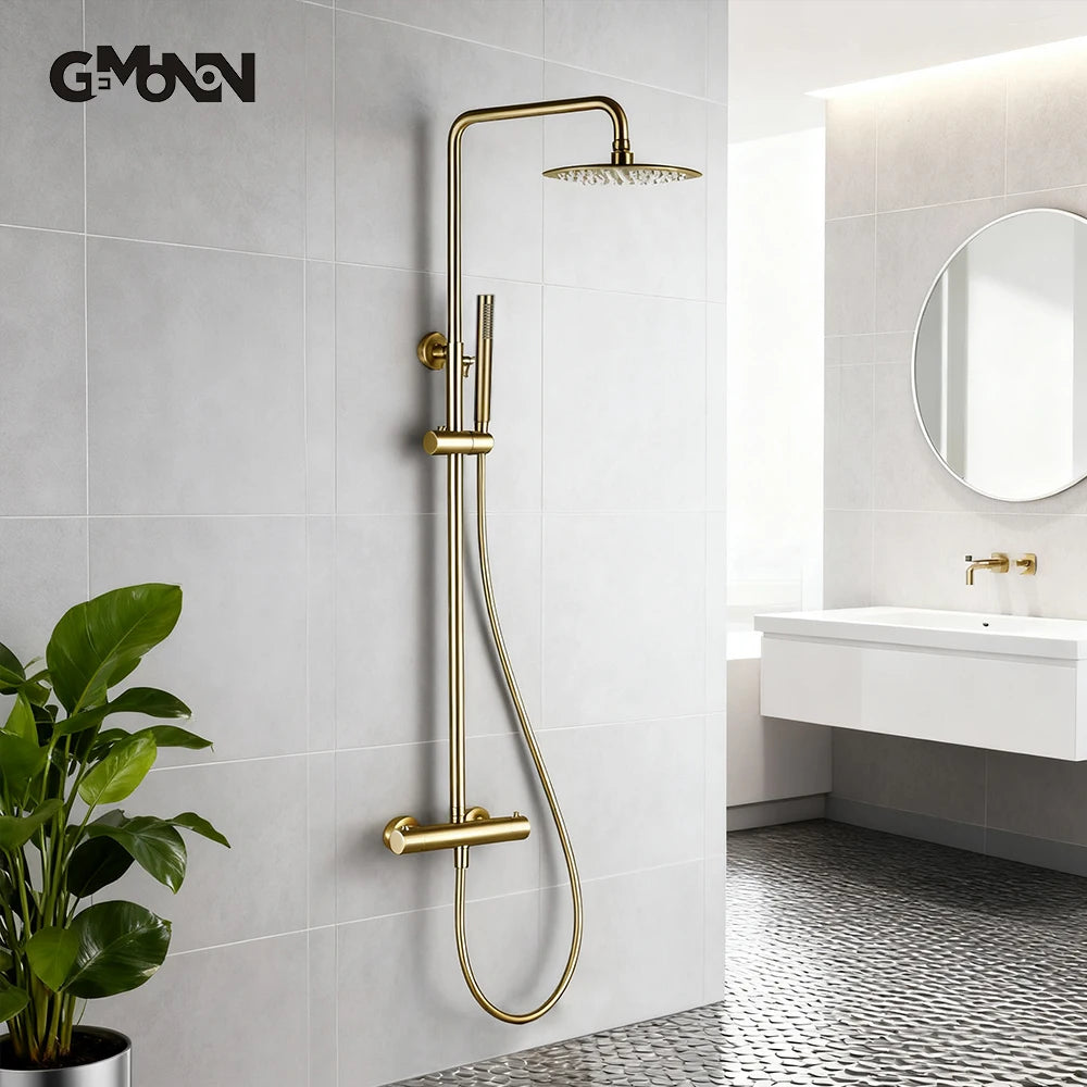 Brushed Gold Thermostatic Shower Faucets Sets Wall Mount