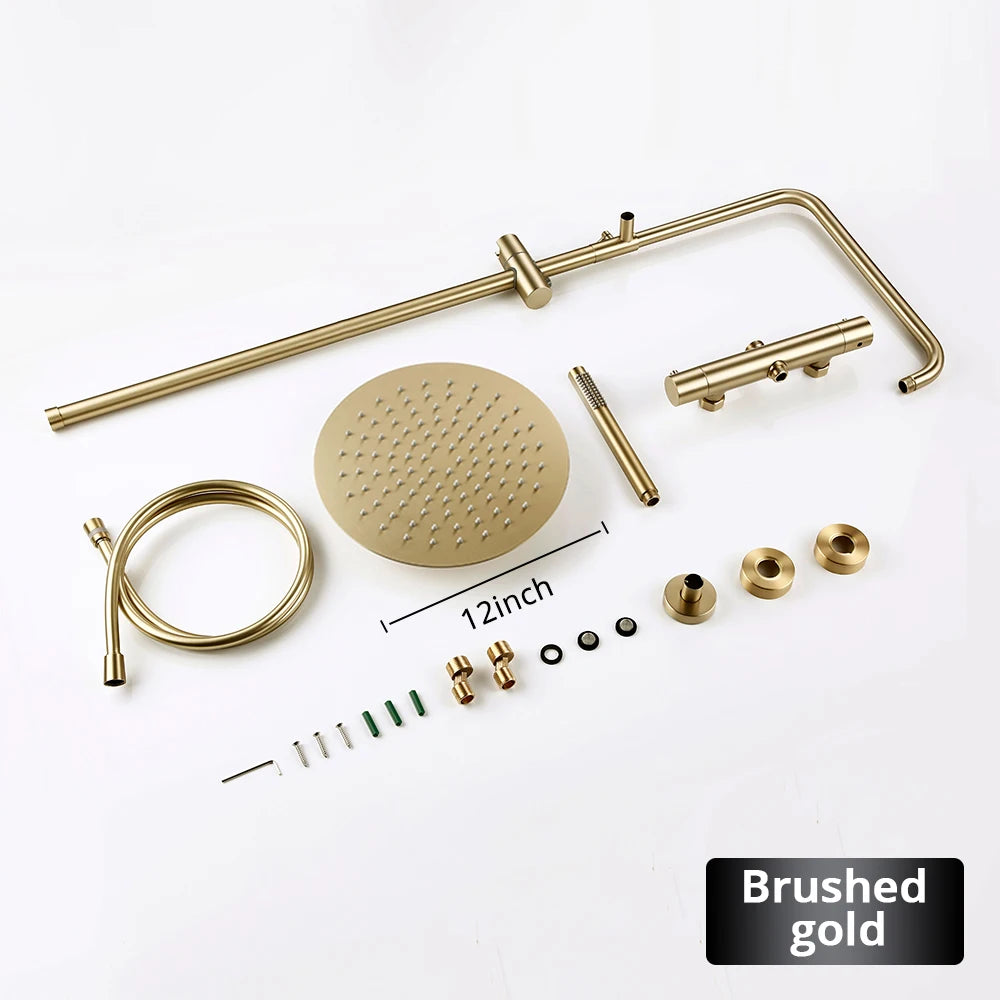 Brushed Gold Thermostatic Shower Faucets Sets Wall Mount