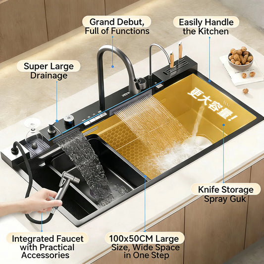 Stainless Steel Waterfall Sink Embossed Large Slot Vegetable