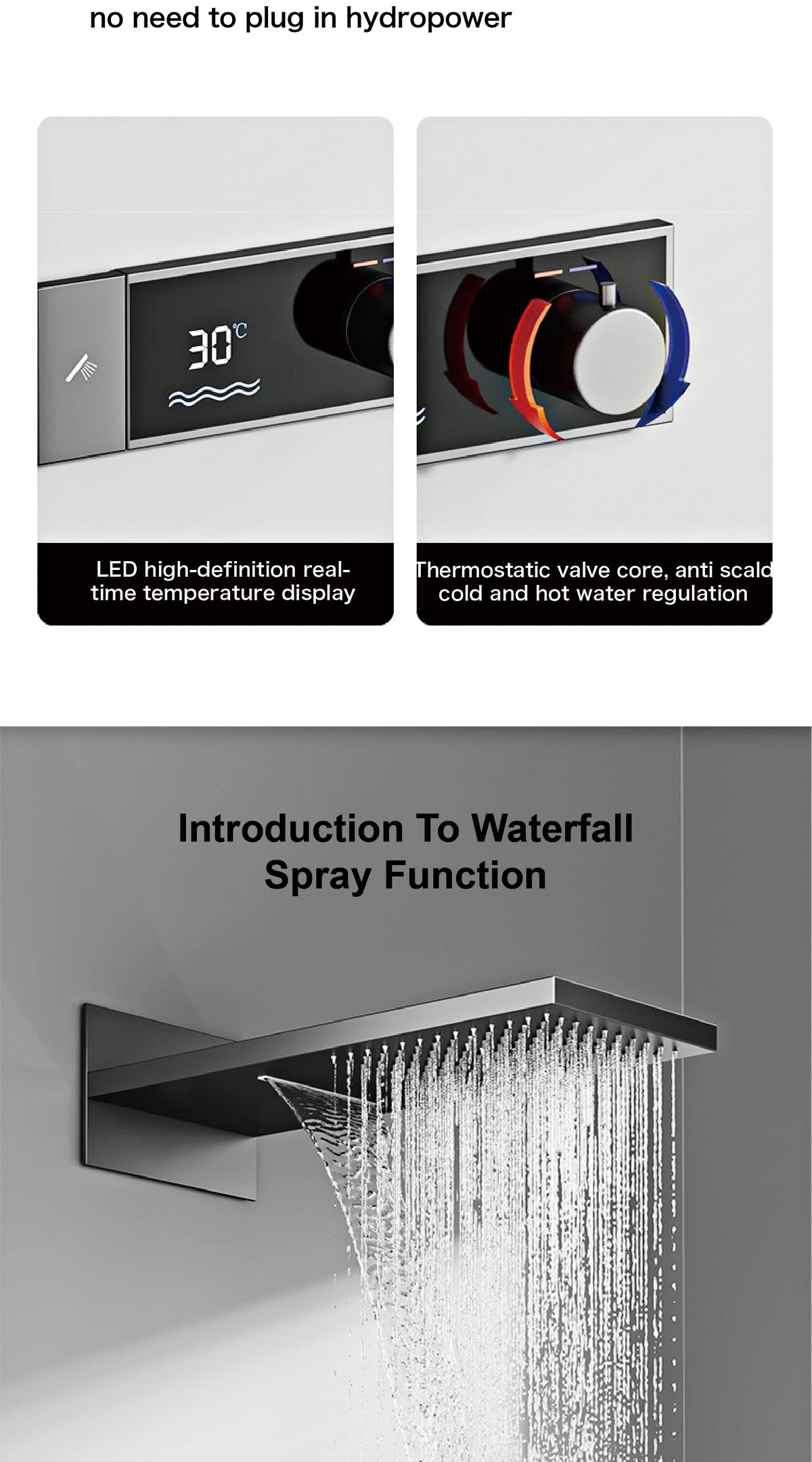 Gunmetal Luxury Brass Built-In Thermostatic Shower System Led