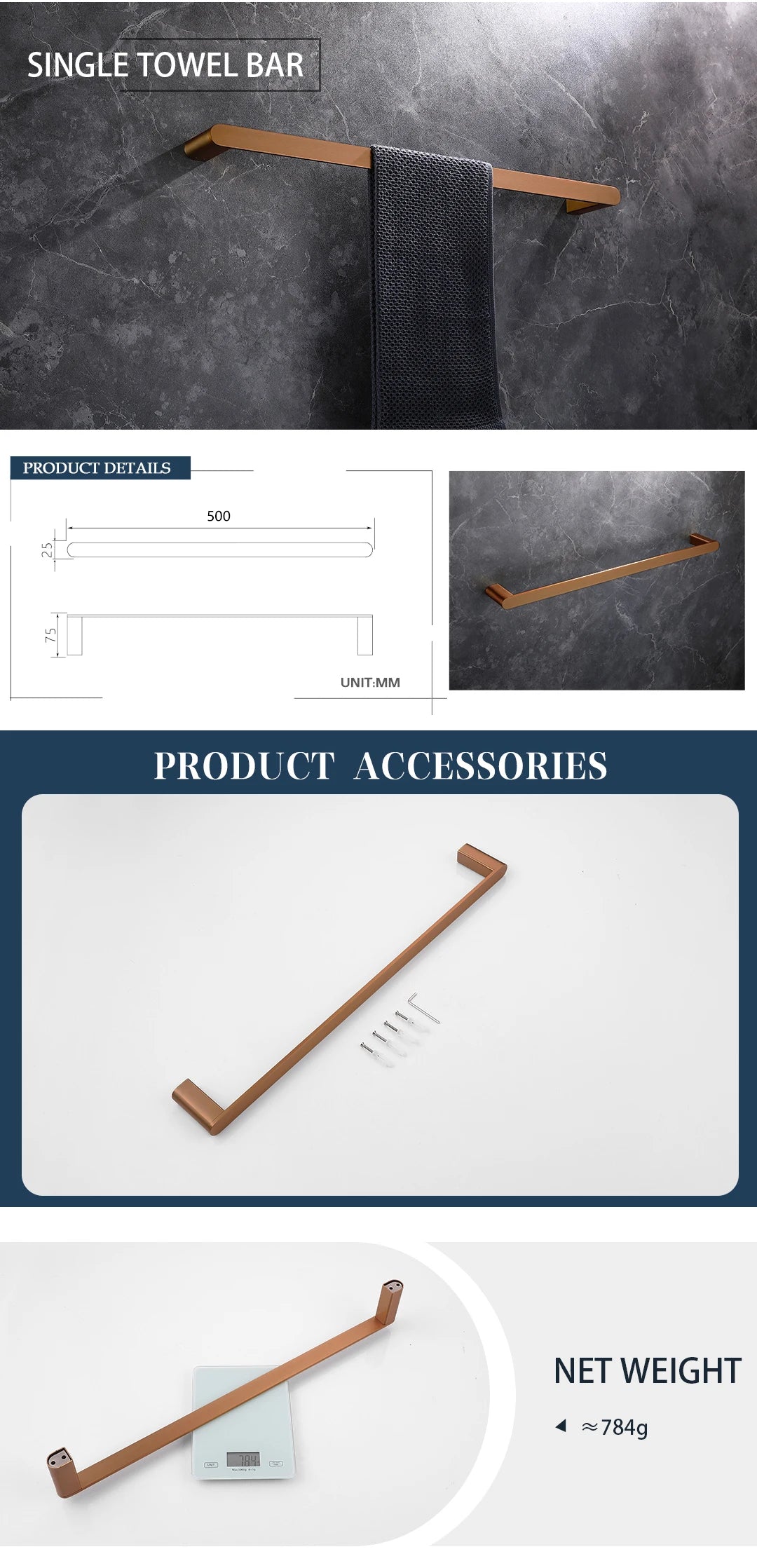 Brushed Rose Gold Toilet Paper Holder Towel Bar
