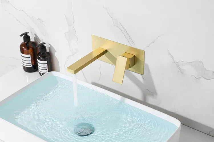 Modern Brass Wall Mount Bathroom Basin Faucet Hidden