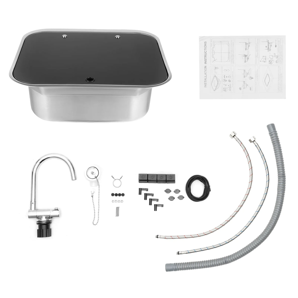 Rv Sink Foldable Tempered Glass Cover&Faucet Stainless Steel