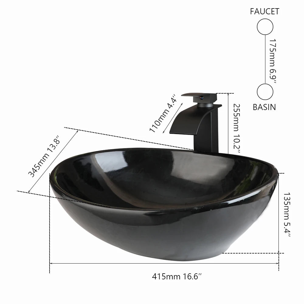 Kemaidi Oval Vessel Sink Faucet White Marbling Bathroom