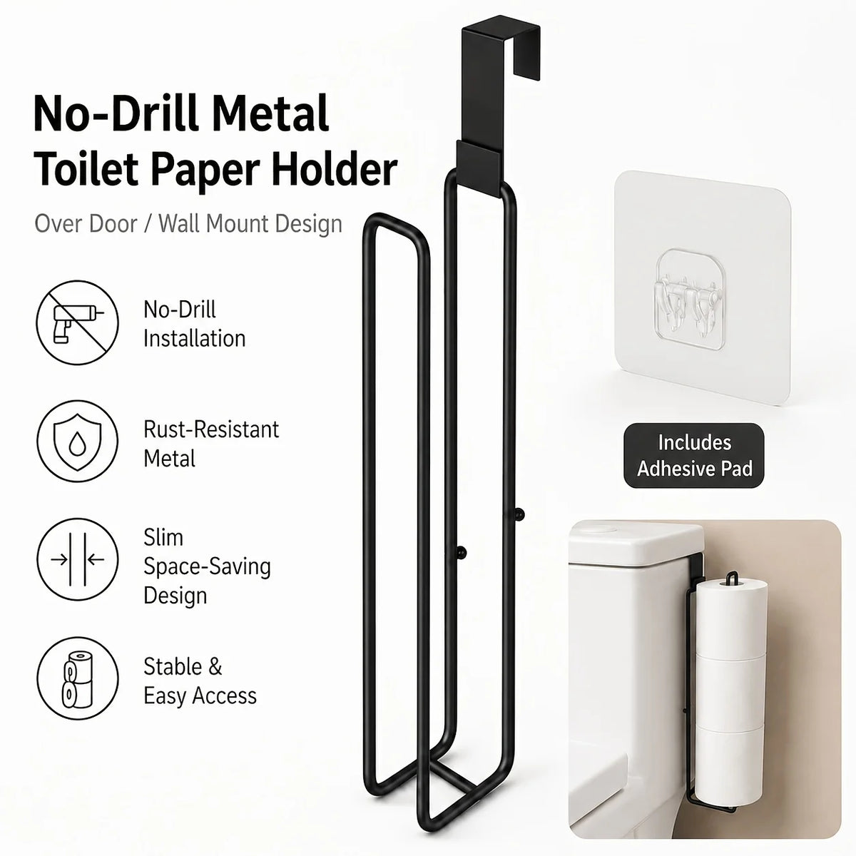 Self-Adhesive Toilet Paper Holder Black Iron Bathroom Tissue