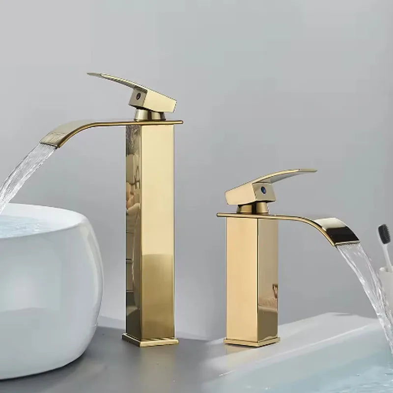 Brushed Golden Basin Faucets Elegant Waterfall Bathroom Sink