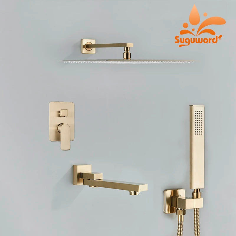 Brushed Gold Bathroom Shower Faucet Rainfall Concealed Shower
